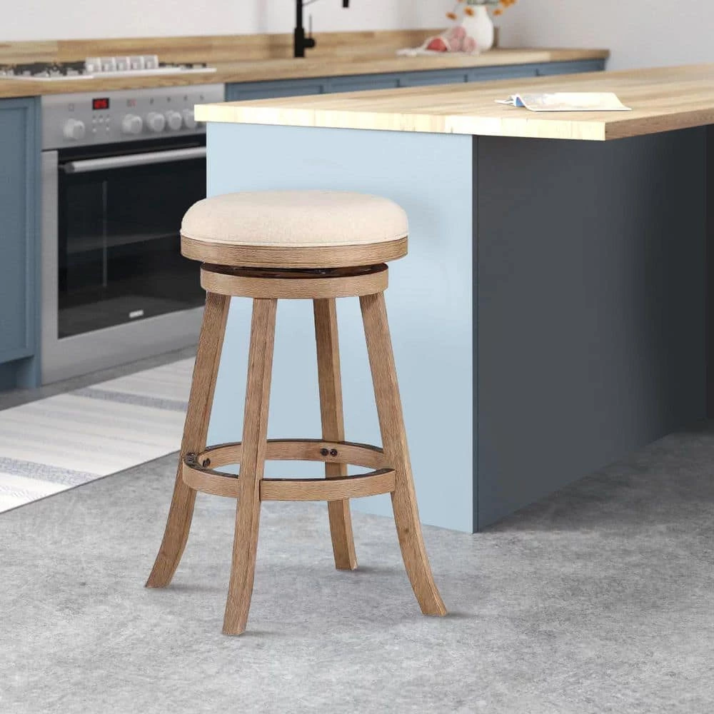 Liam 30 in. Ivory Backless Wood Barstool, Swivel Seat, High Density Foam Cushion by Benjara 7 Liam 30 in. Ivory Backless Wood Barstool, Swivel Seat, High Density Foam Cushion by Benjara - Image 7