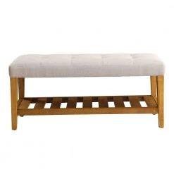Light Gray and Oak Wooden Bench by Benjara
