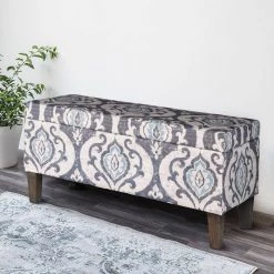 16 in. L x 36 in. W x 18 in. H Multicolor Large Damask Patterned Fabric Upholstered Wooden Bench with Hinged Storage by Benjara -Cheap Benjara Store multicolor benjara bedroom benches bm195784 fa 1000