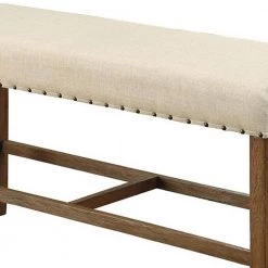Saina Rustic Ivory Linen Wooden Counter Height Bench by Benjara -Cheap Benjara Store natural benjara bedroom benches bm131238 4f 1000