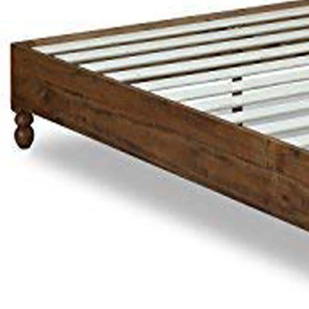 Natural Brown Slatted Queen Size Wooden Bed Frame with Turned Legs by Benjara 3 Natural Brown Slatted Queen Size Wooden Bed Frame with Turned Legs by Benjara - Image 3