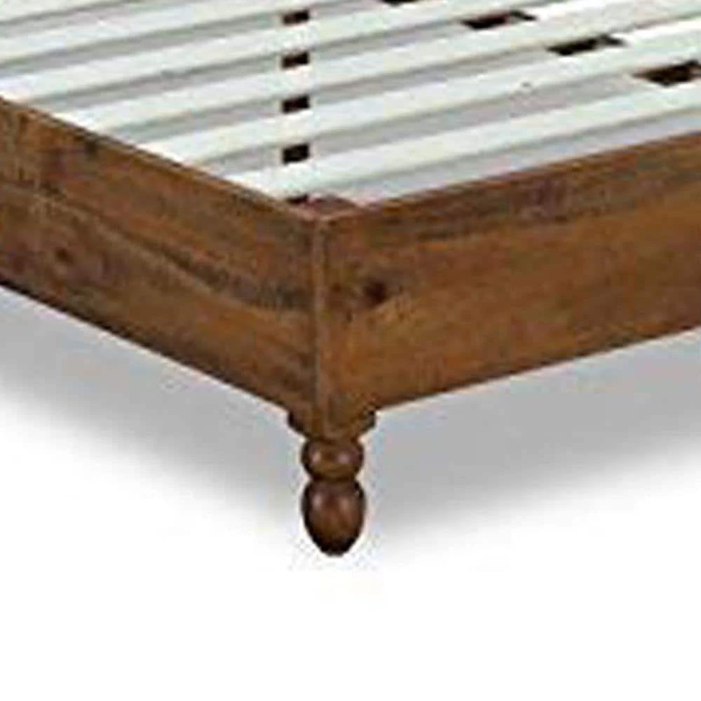Natural Brown Slatted Queen Size Wooden Bed Frame with Turned Legs by Benjara 2 Natural Brown Slatted Queen Size Wooden Bed Frame with Turned Legs by Benjara - Image 2