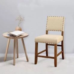 Sania Rustic Ivory Linen Counter Height Chair (Set of 2) by Benjara -Cheap Benjara Store natural tone benjara dining chairs bm131239 31 1000