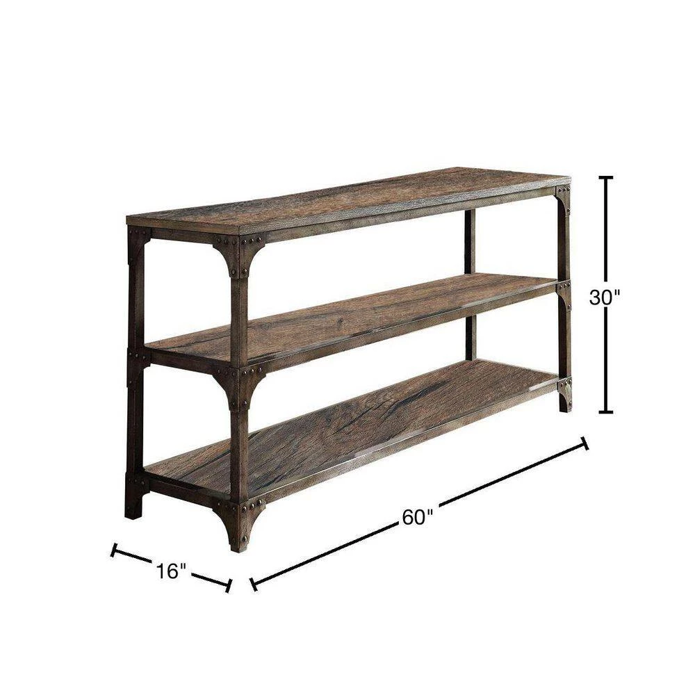 60 in. Weathered Oak/Brown Standard Rectangle Wood Console Table with 2-Shelves by Benjara 3 60 in. Weathered Oak/Brown Standard Rectangle Wood Console Table with 2-Shelves by Benjara - Image 3