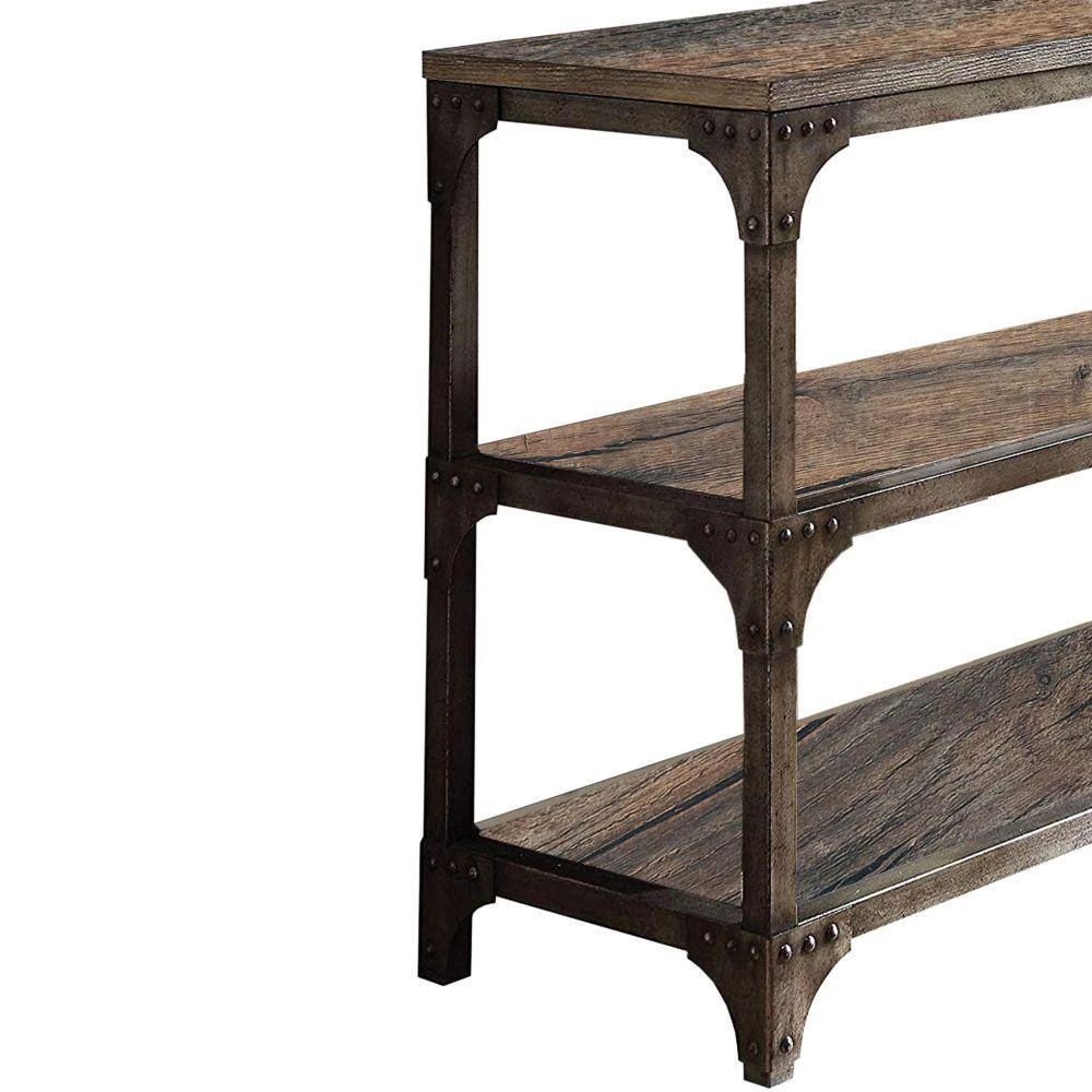 60 in. Weathered Oak/Brown Standard Rectangle Wood Console Table with 2-Shelves by Benjara 4 60 in. Weathered Oak/Brown Standard Rectangle Wood Console Table with 2-Shelves by Benjara - Image 4