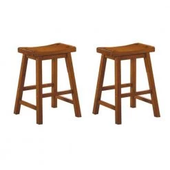 24 in. H Oak Brown Wooden Counter Height Stool with Saddle Seat (Set of 2) by Benjara