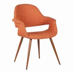Mid Century Orange and Brown Fabric Dining Chair with Round Tapered Legs by Benjara