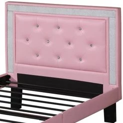 Polyurethane Pink Twin Size Bed with High Headboard by Benjara -Cheap Benjara Store pink benjara platform beds bm167271 4f 1000