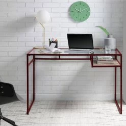 24 in. W Red Rectangular Glass Top Writing Desk with Open Compartment and Sled Base by Benjara -Cheap Benjara Store red benjara writing desks bm225732 fa 1000