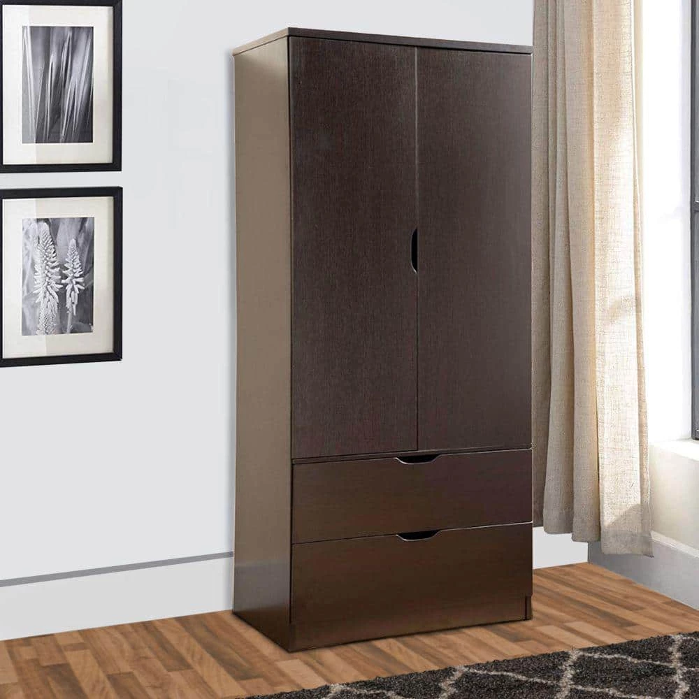 Red Cocoa and Brown Wooden Wardrobe with Bottom Drawers and 2-Doors (70 in. H x 31.5 in. W x 20.75 in. D) by Benjara 3 Red Cocoa and Brown Wooden Wardrobe with Bottom Drawers and 2-Doors (70 in. H x 31.5 in. W x 20.75 in. D) by Benjara - Image 3