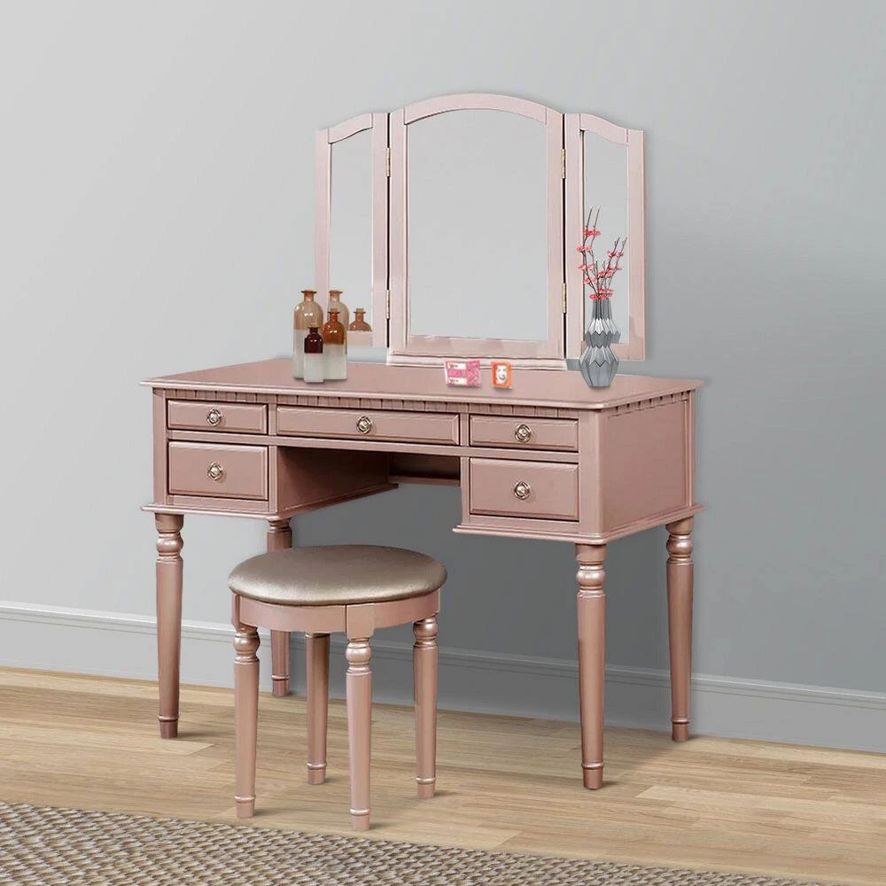 Rose Gold Vanity Set with Turned Tapered Legs and Mirror by Benjara 7 Rose Gold Vanity Set with Turned Tapered Legs and Mirror by Benjara - Image 7