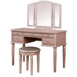 Rose Gold Vanity Set with Turned Tapered Legs and Mirror by Benjara