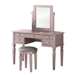 53" H x 19" W x 43" L Rose Gold Vanity Set with Tapered Legs and Five Drawers by Benjara