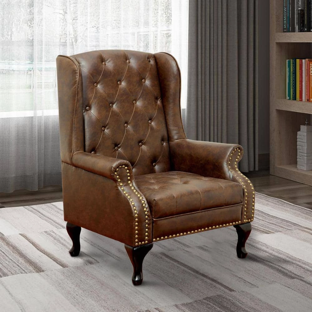 Brown Wing Accent Chair in Nail Head by Benjara 6 Brown Wing Accent Chair in Nail Head by Benjara - Image 6