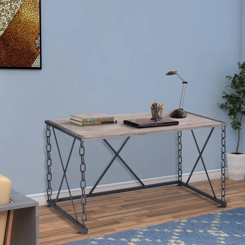 23.75 in. W Rustic Oak Brown Wooden Desk with Metal X Frame by Benjara 6 23.75 in. W Rustic Oak Brown Wooden Desk with Metal X Frame by Benjara - Image 6