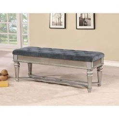 52 in. W Silver and Blue Tufted Fabric Bench with Mirror Accents and Turned Legs by Benjara 9 52 in. W Silver and Blue Tufted Fabric Bench with Mirror Accents and Turned Legs by Benjara -Cheap Benjara Store silver and blue benjara bedroom benches bm182938 31 1000