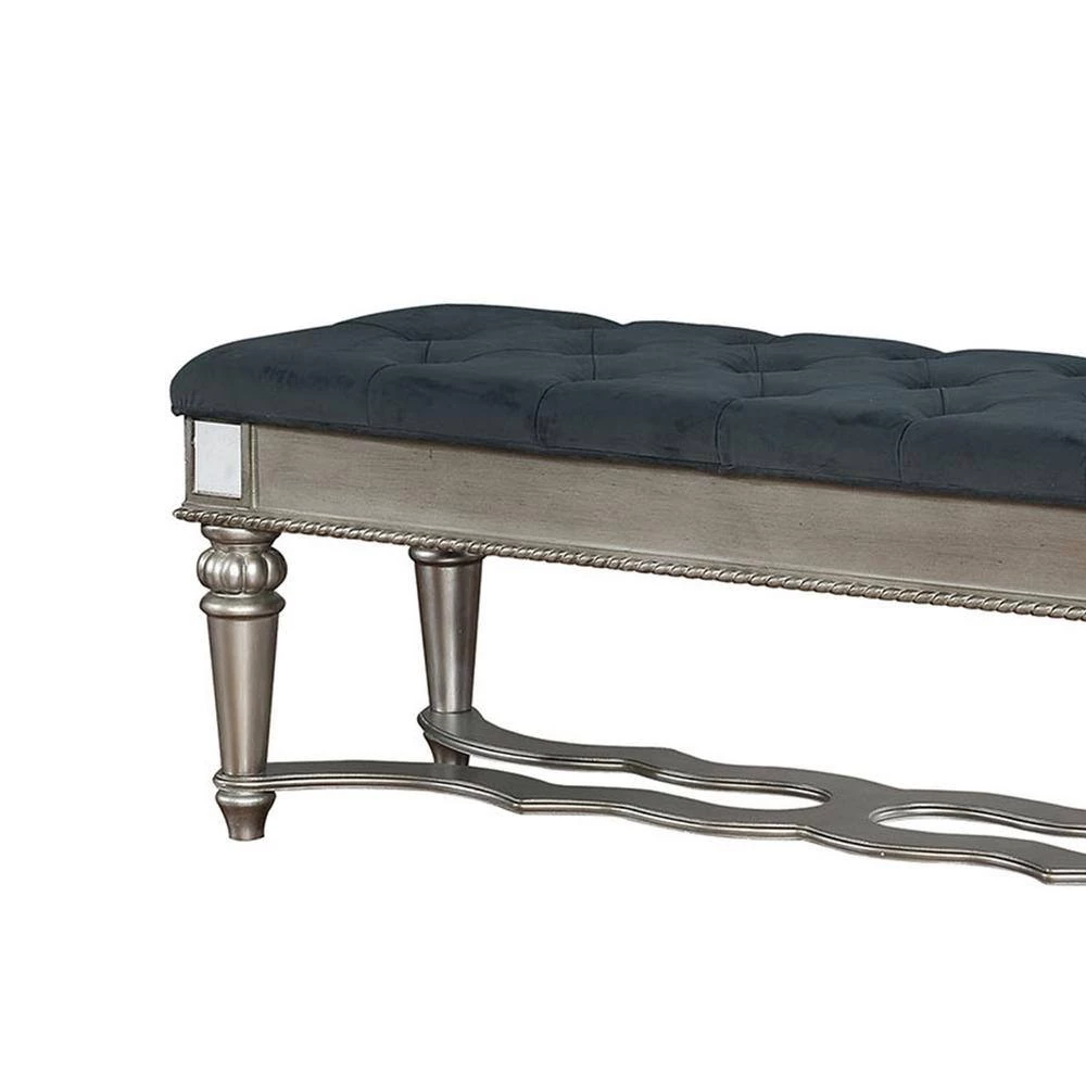 52 in. W Silver and Blue Tufted Fabric Bench with Mirror Accents and Turned Legs by Benjara 3 52 in. W Silver and Blue Tufted Fabric Bench with Mirror Accents and Turned Legs by Benjara - Image 3
