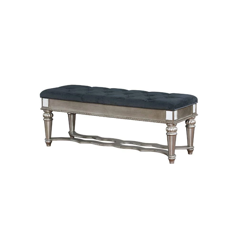 52 in. W Silver and Blue Tufted Fabric Bench with Mirror Accents and Turned Legs by Benjara 2 52 in. W Silver and Blue Tufted Fabric Bench with Mirror Accents and Turned Legs by Benjara - Image 2