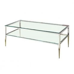 24 in. Silver and Clear Standard Rectangular Glass Coffee Table with Tapered Legs by Benjara
