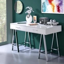 22.05 in. W Silver and White Rectangular 2-Drawers Wooden Writing Desk with Saw Horse Metal Legs by Benjara -Cheap Benjara Store silver and white benjara executive desks bm191427 31 1000