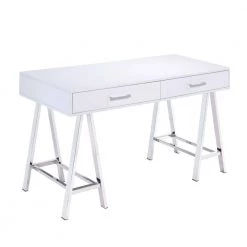 22.05 in. W Silver and White Rectangular 2-Drawers Wooden Writing Desk with Saw Horse Metal Legs by Benjara