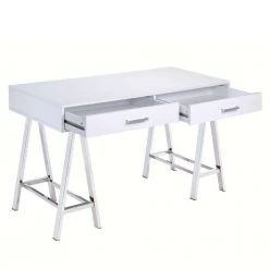 22.05 in. W Silver and White Rectangular 2-Drawers Wooden Writing Desk with Saw Horse Metal Legs by Benjara -Cheap Benjara Store silver and white benjara executive desks bm191427 77 1000