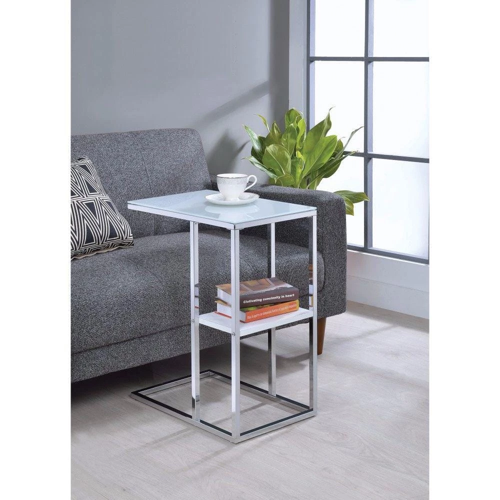 Modern Style 18 in. C- Shape Silver Glass Top Snack Table with Bottom Shelf by Benjara 8 Modern Style 18 in. C- Shape Silver Glass Top Snack Table with Bottom Shelf by Benjara - Image 8