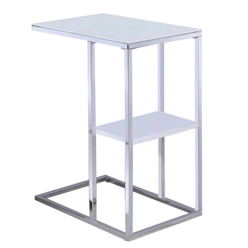 Modern Style 18 in. C- Shape Silver Glass Top Snack Table with Bottom Shelf by Benjara 2 Modern Style 18 in. C- Shape Silver Glass Top Snack Table with Bottom Shelf by Benjara - Image 2