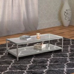 23 in. L Rectangle Silver Glass Top Coffee Table with Metal Frame and Open Shelf by Benjara -Cheap Benjara Store silver benjara coffee tables bm219615 31 1000