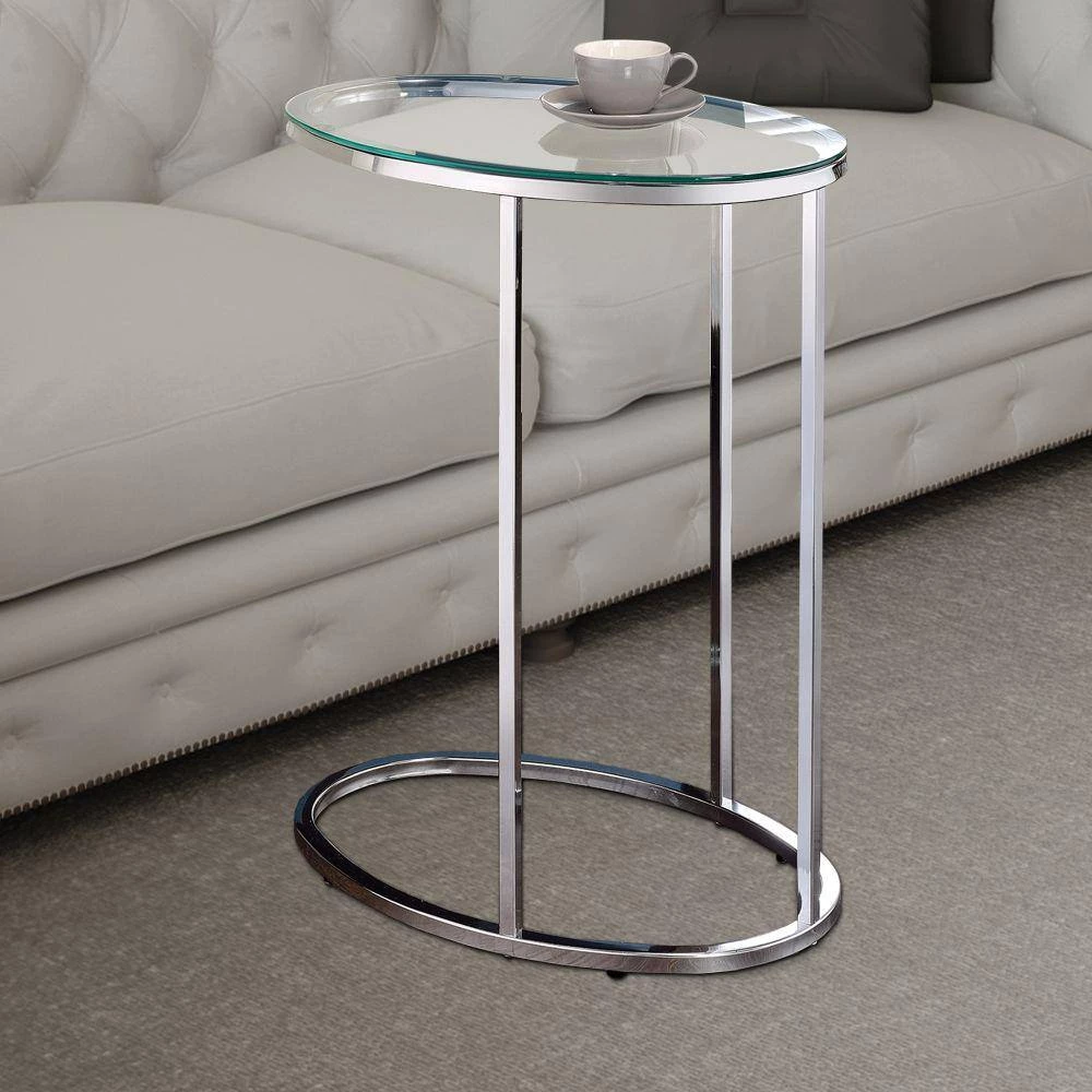 Stylish Silver Oval Shaped Metal Snack Table with Glass Top by Benjara 6 Stylish Silver Oval Shaped Metal Snack Table with Glass Top by Benjara - Image 6