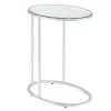Stylish Silver Oval Shaped Metal Snack Table with Glass Top by Benjara