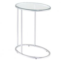 Stylish Silver Oval Shaped Metal Snack Table with Glass Top by Benjara