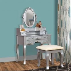 Traditional Silver Wooden Vanity Table by Benjara -Cheap Benjara Store silver benjara makeup vanities bm132007 fa 1000