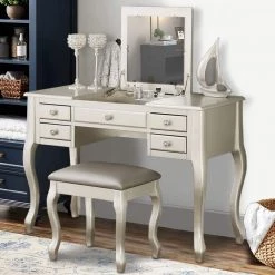 Cherub Silver Vanity Set Featuring Stool and Mirror (2-Piece) by Benjara -Cheap Benjara Store silver benjara makeup vanities bm167185 fa 1000