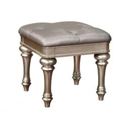 Silver 18 in. Wooden Vanity Stool with Turned Legs and Leatherette Upholstered Seat by Benjara