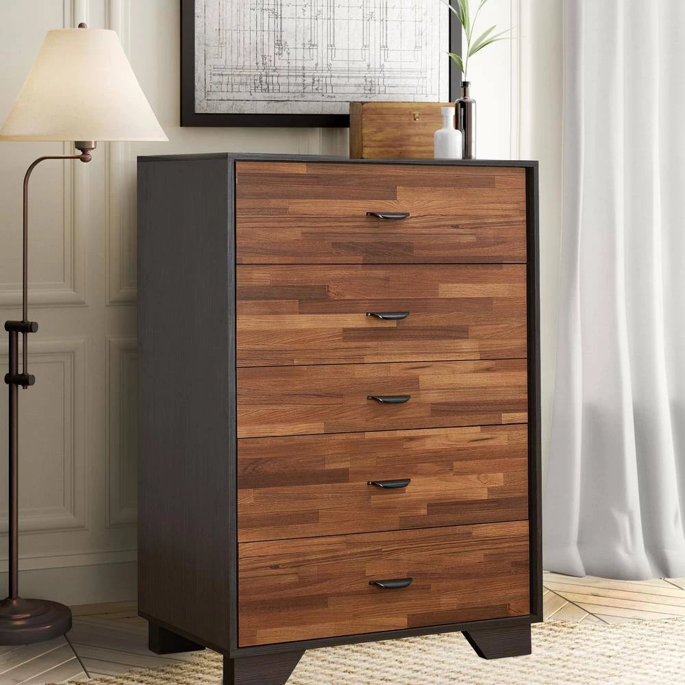 5-Drawer Walnut and Espresso Brown Wooden Chest 32 in. L x 16 in. W x 47 in. H by Benjara 8 5-Drawer Walnut and Espresso Brown Wooden Chest 32 in. L x 16 in. W x 47 in. H by Benjara - Image 8