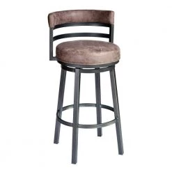 Eva 39 in. Washed Brown Low Back Metal Frame Swivel Bar Stool with Vegan Leather Seat by Benjara