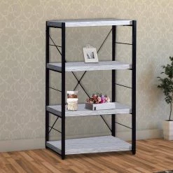 Industrial 43 in. White and Black Wooden 4 -Shelf Ladder Bookcase with Open Metal Frame by Benjara -Cheap Benjara Store white and black benjara bookcases bookshelves bm209632 31 1000