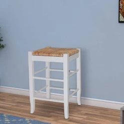 24 in. H White and Brown Square Wooden Frame Counter Stool with Hand Woven Rush by Benjara -Cheap Benjara Store white and brown benjara bar stools bm61433 31 1000