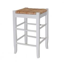 24 in. H White and Brown Square Wooden Frame Counter Stool with Hand Woven Rush by Benjara