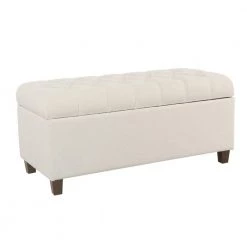 40 in. W x 14 in. H White and Brown Fabric Upholstered Button Tufted Wooden Bench with Hinged Storage by Benjara