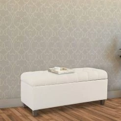 40 in. W x 14 in. H White and Brown Fabric Upholstered Button Tufted Wooden Bench with Hinged Storage by Benjara -Cheap Benjara Store white and brown benjara bedroom benches bm195765 fa 1000