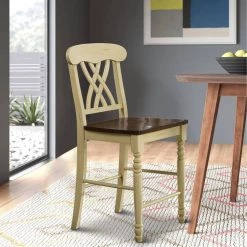 42 in. H White and Brown Wooden Counter Chair with Overlapped X Shaped Back (Set of 2) by Benjara -Cheap Benjara Store white and brown benjara dining chairs bm194405 31 1000