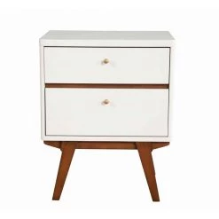 2-Drawer White and Brown Wooden Nightstand with Angled Legs 26 in. H x 21 in. W x 16 in. D by Benjara