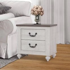 2-Drawer White and Brown Nightstand with Bun Legs 24.75 in. H x 25.5 in. W x 16.25 in. L by Benjara -Cheap Benjara Store white and brown benjara nightstands bm242625 31 1000