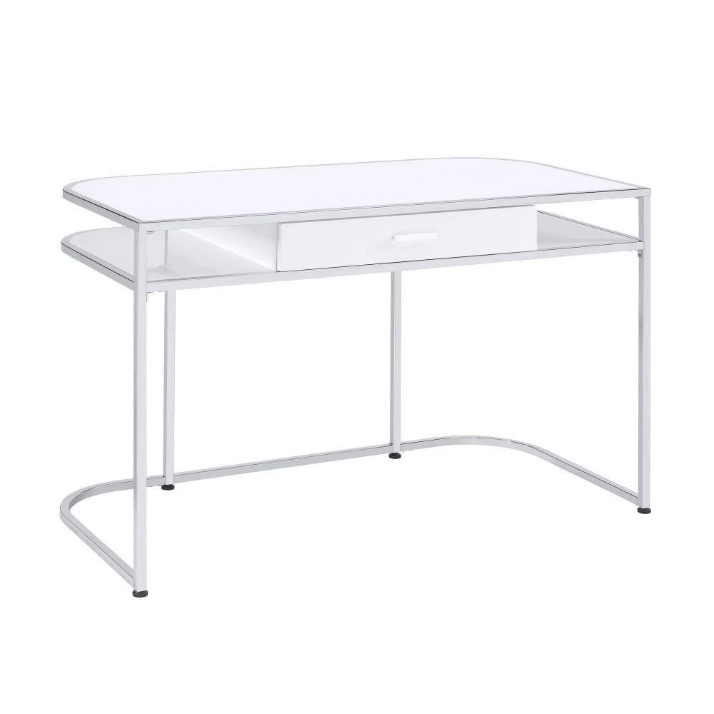 47.25 in. W Rectangular White and Chrome Wooden Writing Desk with 1-Drawer and 2-Compartments by Benjara 2 47.25 in. W Rectangular White and Chrome Wooden Writing Desk with 1-Drawer and 2-Compartments by Benjara - Image 2