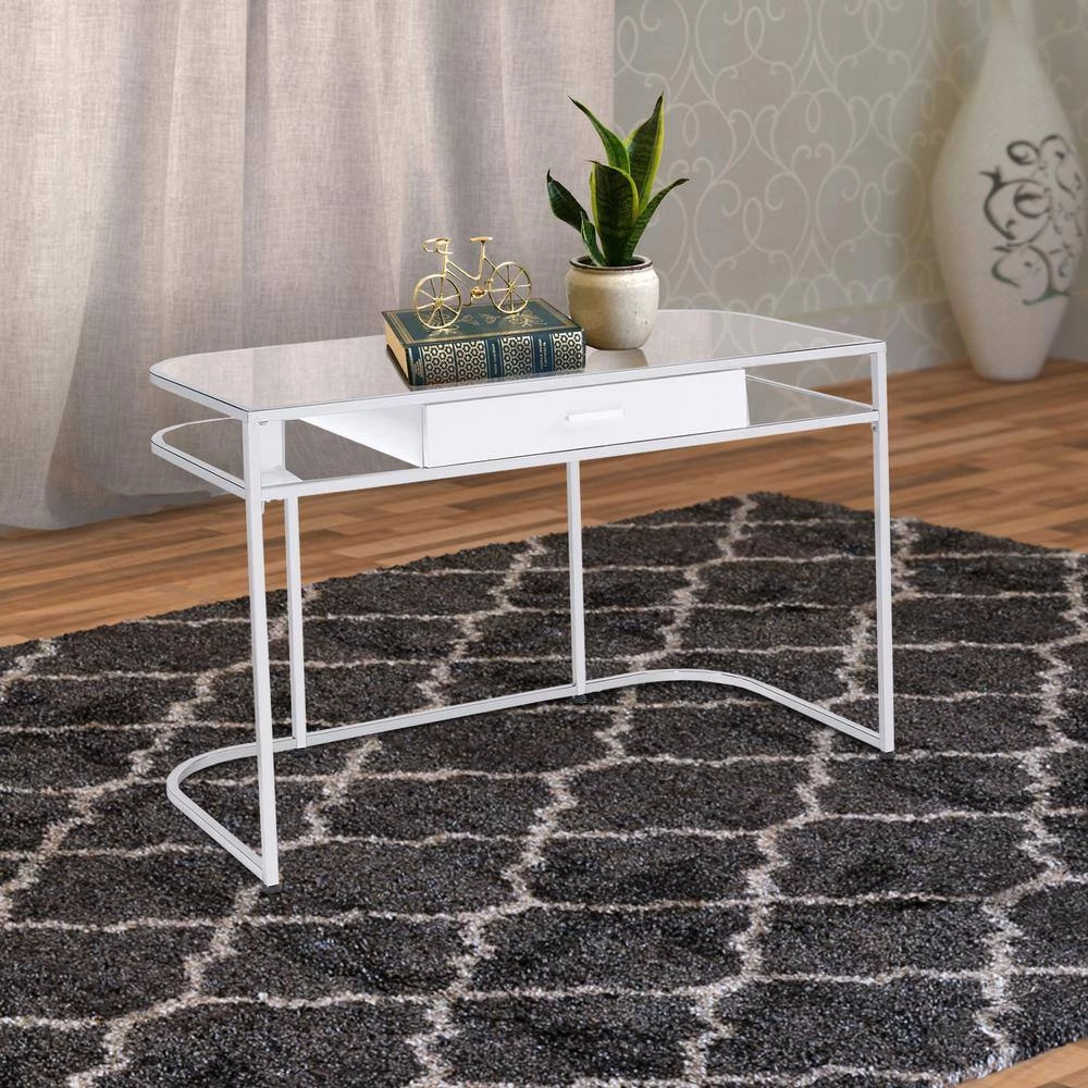 47.25 in. W Rectangular White and Chrome Wooden Writing Desk with 1-Drawer and 2-Compartments by Benjara 8 47.25 in. W Rectangular White and Chrome Wooden Writing Desk with 1-Drawer and 2-Compartments by Benjara - Image 8