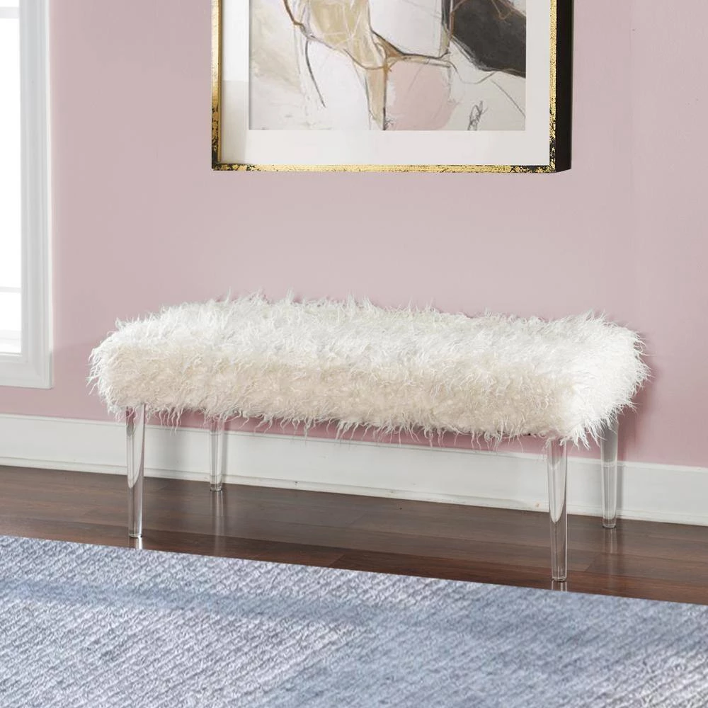 Luxurious 42 in. W Clear and White Faux Fur Upholstered Bench with Tapered Legs by Benjara 6 Luxurious 42 in. W Clear and White Faux Fur Upholstered Bench with Tapered Legs by Benjara - Image 6