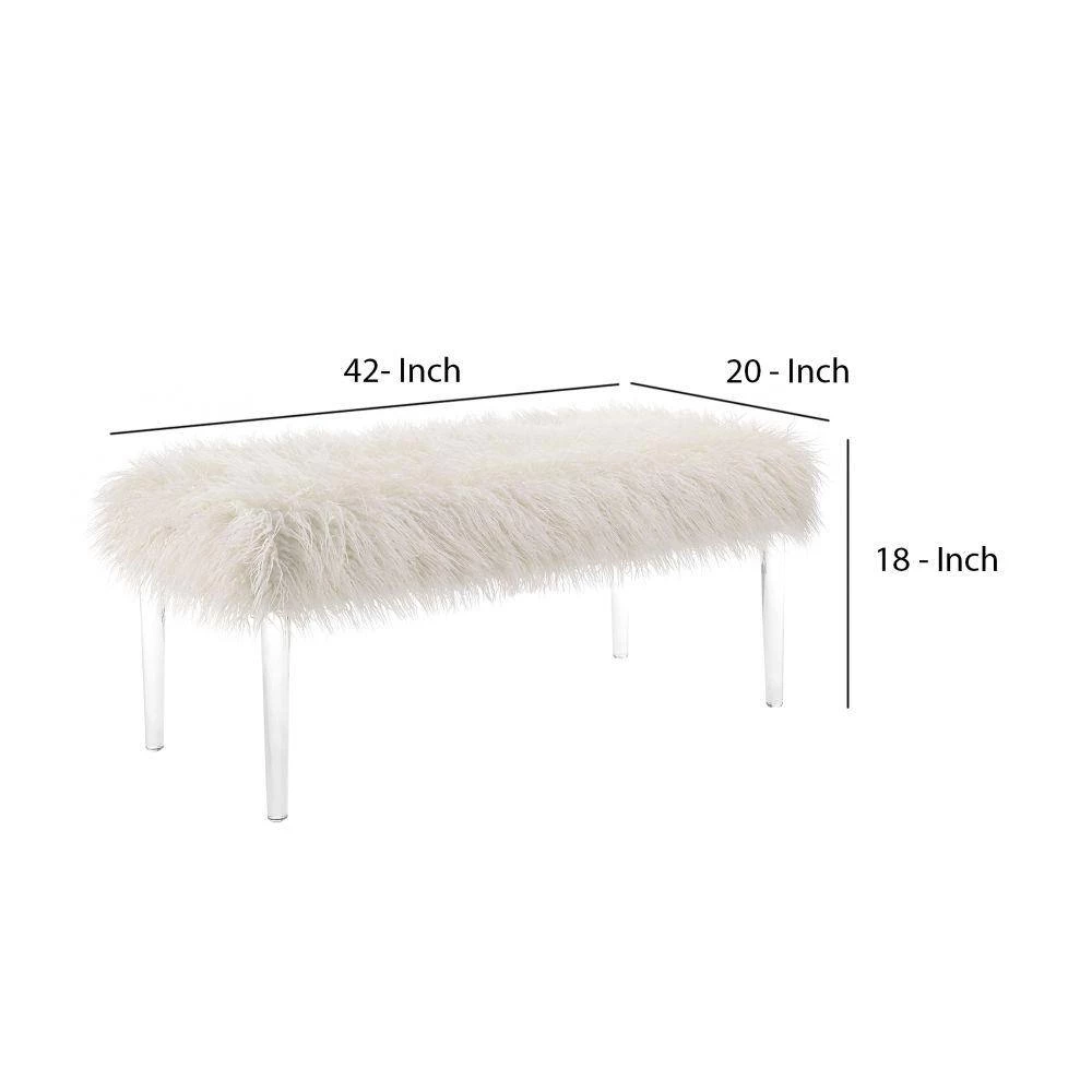Luxurious 42 in. W Clear and White Faux Fur Upholstered Bench with Tapered Legs by Benjara 5 Luxurious 42 in. W Clear and White Faux Fur Upholstered Bench with Tapered Legs by Benjara - Image 5