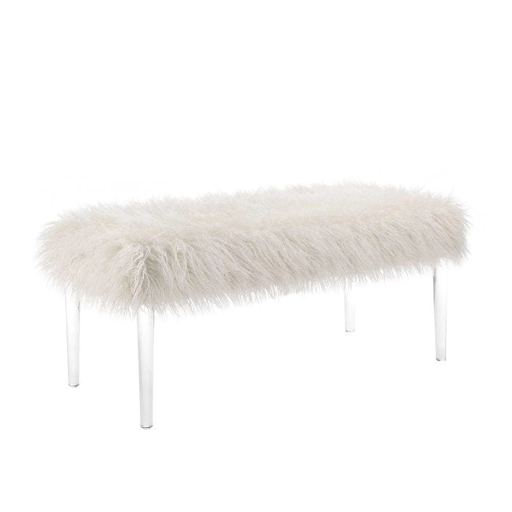 Luxurious 42 in. W Clear and White Faux Fur Upholstered Bench with Tapered Legs by Benjara 1 Luxurious 42 in. W Clear and White Faux Fur Upholstered Bench with Tapered Legs by Benjara